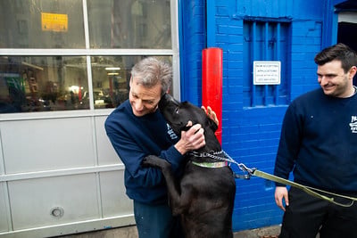 Charlie greeting a customer's dog outside the Parkside Auto Care shop